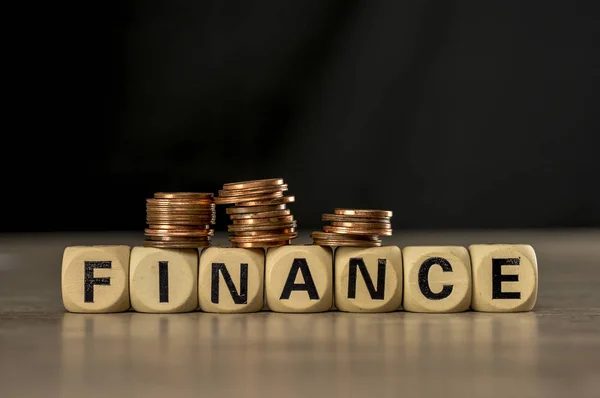 Madeni para yığınları üzerinde kelime finans montaj mektup blok