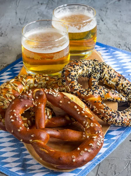 beer and pretzel.