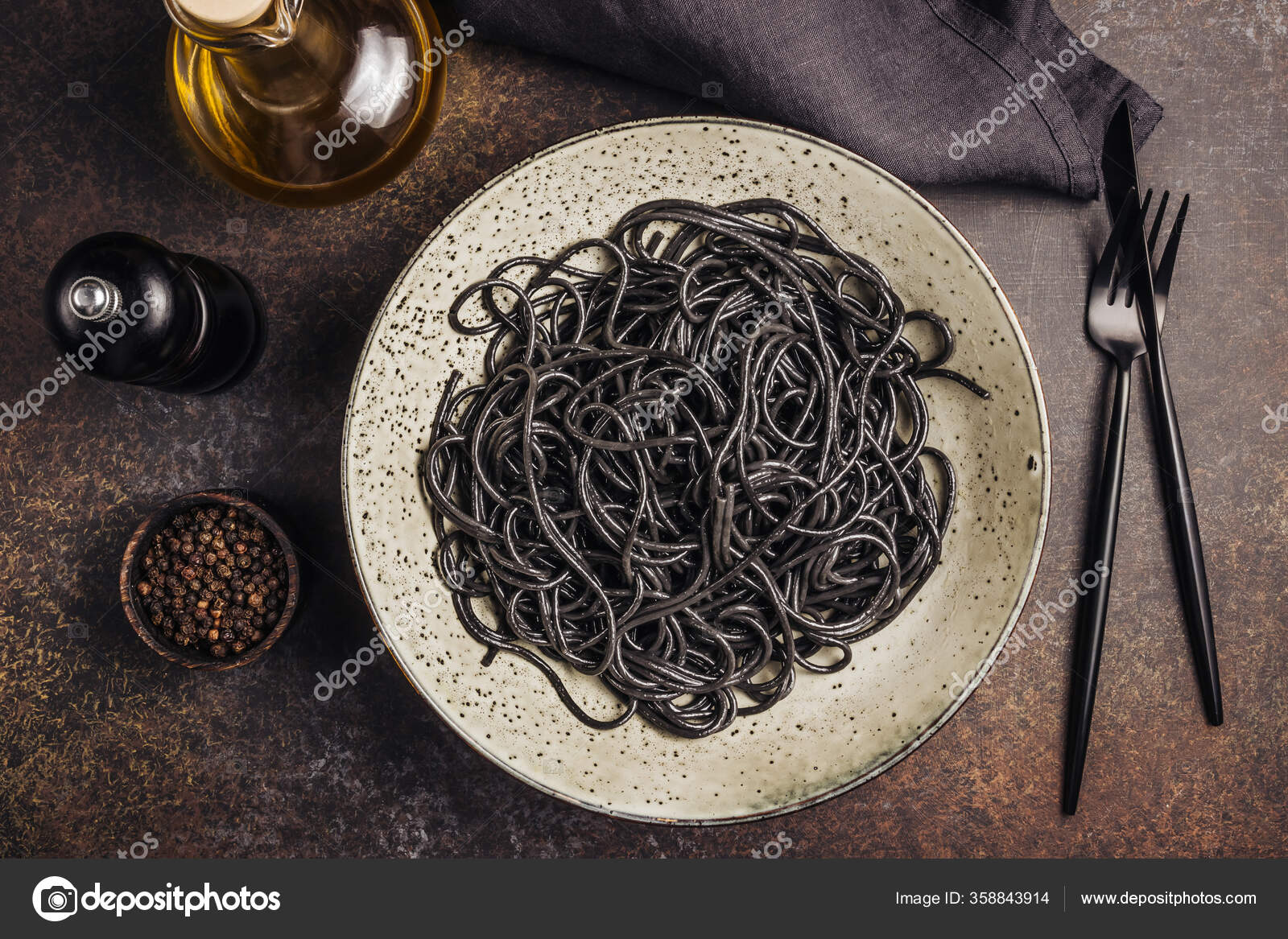 Black Pasta Squid Ink Olive Oil Basil Leaves Parmesan Bowl Stock Photo