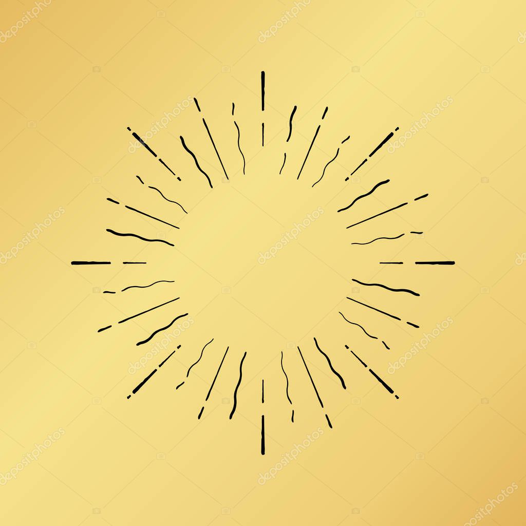 Vector sun burst vintage hand drawn hipster retro ray logo template. Golden shiny metal texture background. Radial thin ink brush black paint lines. Banner design explosion concept idea frame border.