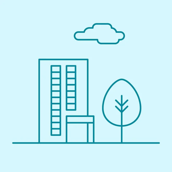 Città Vettoriale Sottile Edificio Uffici Con Albero Nube Città Affari — Vettoriale Stock