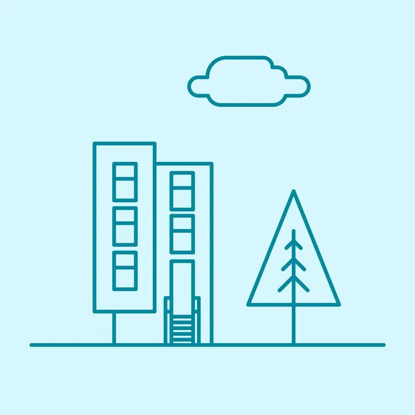 Vector Şehri, ağaç ve bulutlu ince ofis binası. Şehir işi gayrimenkul konsept daire tasarımı. İzole edilmiş mimari yapı evi çizimi.