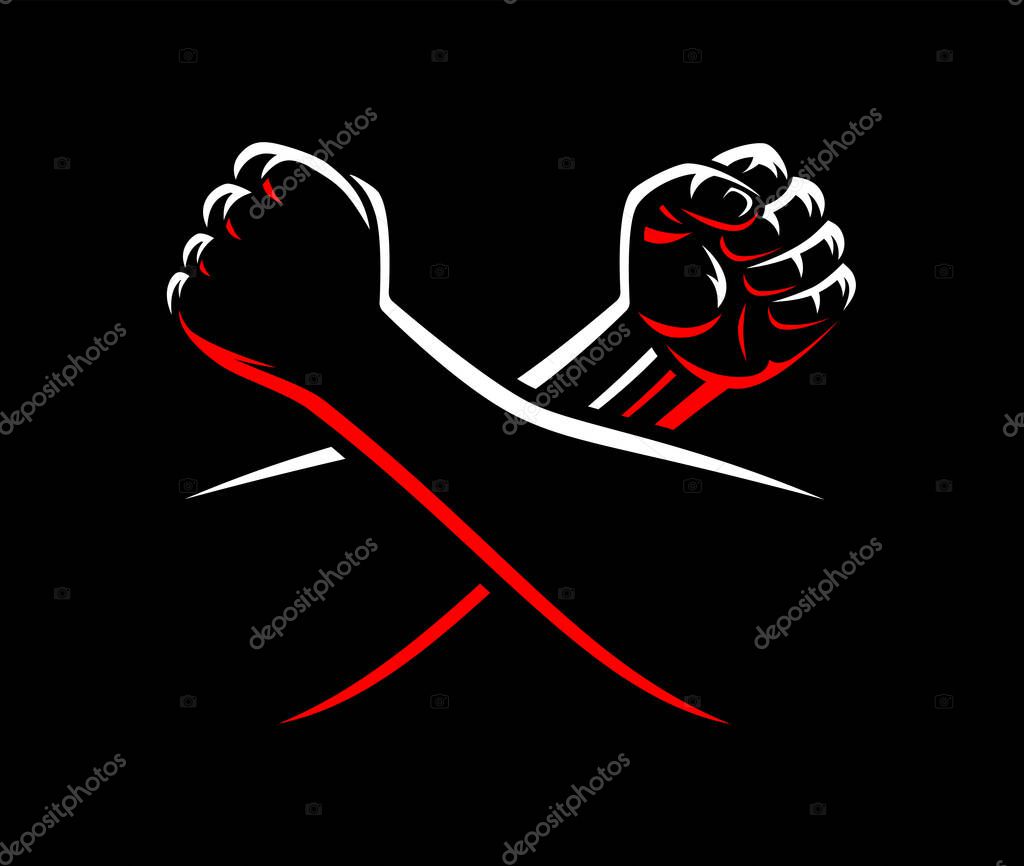 Vector clenched fists fight MMA, wrestling, kick boxing, karate sport night cage show illustration on dark background