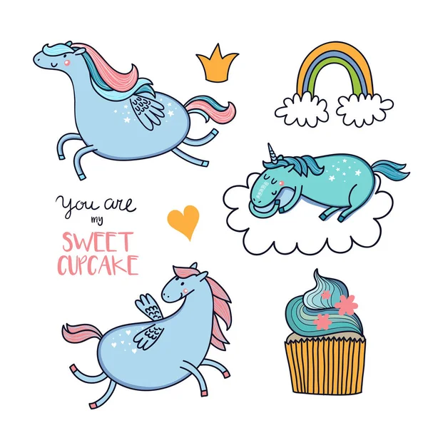 Lindo conjunto de unicornios y Pegasus — Vector de stock