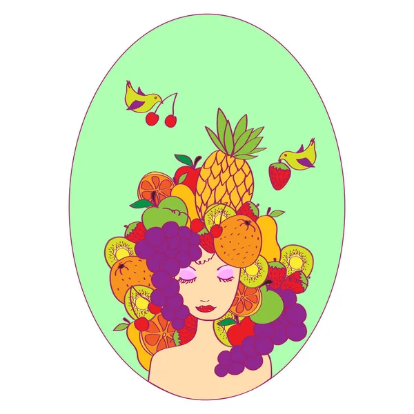 果物髪に緑色の背景で漫画女性のベクトル イラスト デザイン — ストックベクタ