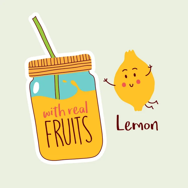 Vektor Illustration Design Von Cartoon Glas Mit Echten Früchten Text — Stockvektor