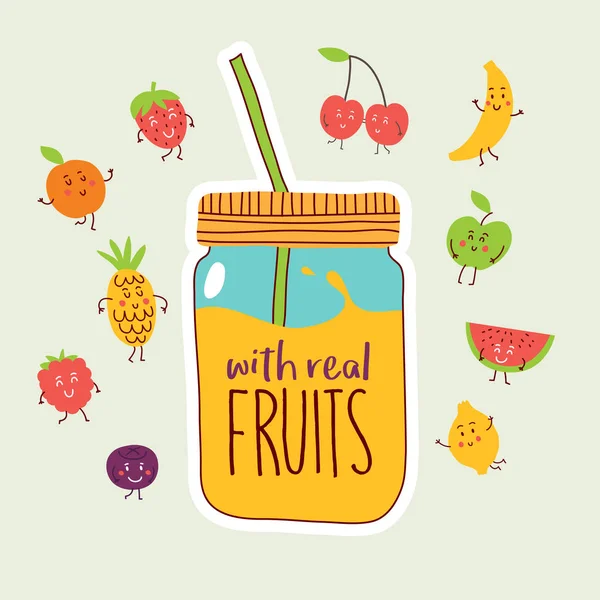 Vector Illustration Design Cartoon Jar Real Fruits Text Vector Graphics