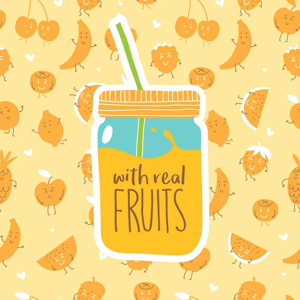 Vector Illustration Design Cartoon Jar Real Fruits Text Stock Illustration