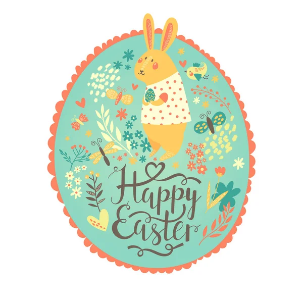 Happy Easter Postcard Bunny Birdie Butterflies Flowers Oval Frame Blue — Stock Vector