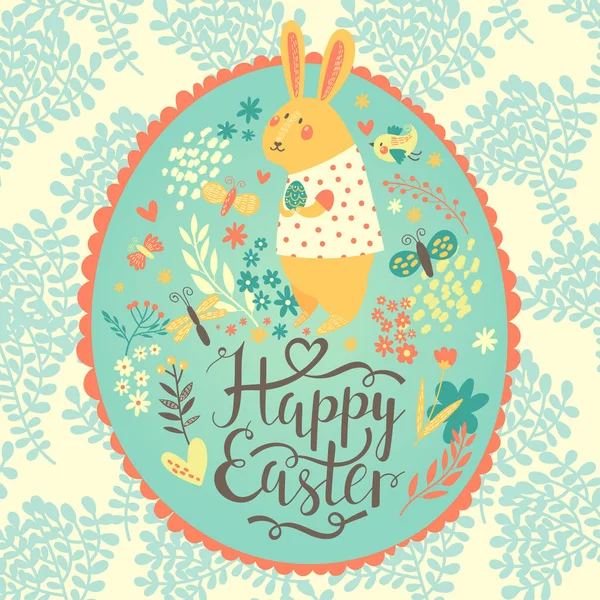 Happy Easter Postcard Bunny Birdie Butterflies Flowers Oval Frame Blue — Stock Vector