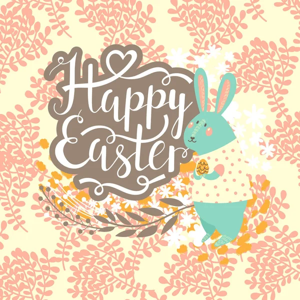 Happy Easter Postcard Dengan Kelinci Biru Dan Pastel Pola Bunga - Stok Vektor