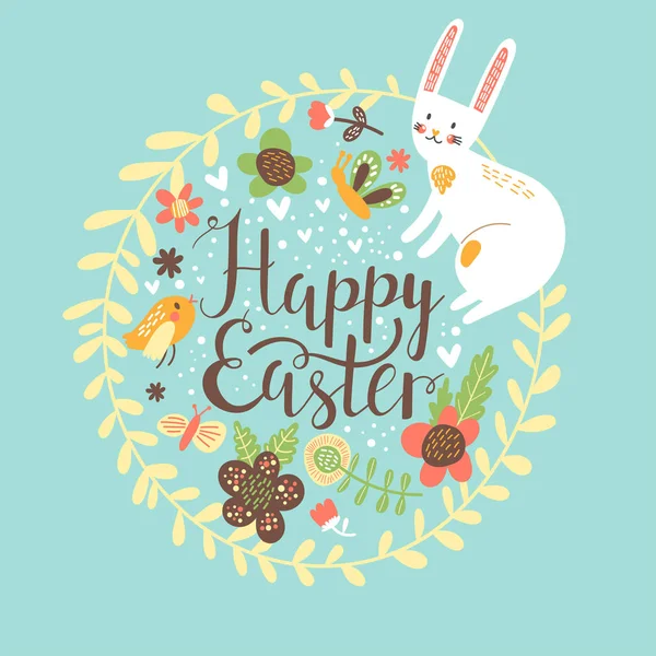 Happy Easter Postcard Bunny Birdie Flowers Blue Lettering — Stock Vector