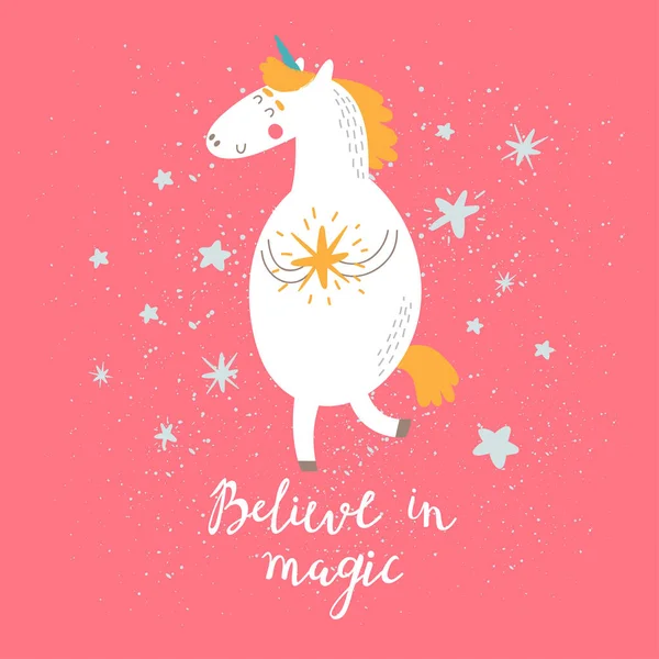 Lucu Tangan Ditarik Unicorn Dengan Huruf Dan Bintang Bintang Pink - Stok Vektor