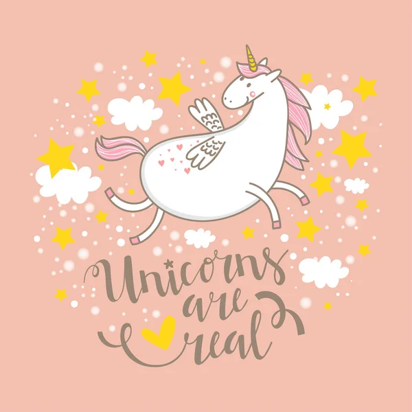 Funny Hand Drawn Unicorn Little Wings Stars Clouds Lettering Pink — Stock Vector