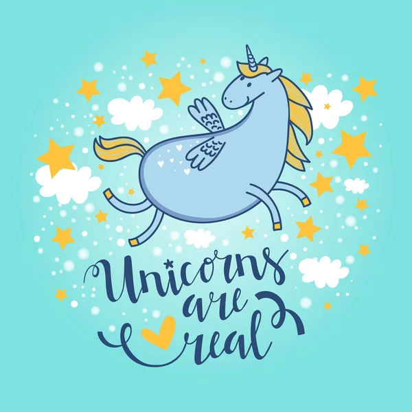 Funny Hand Drawn Unicorn Little Wings Stars Clouds Lettering Blue — Stock Vector