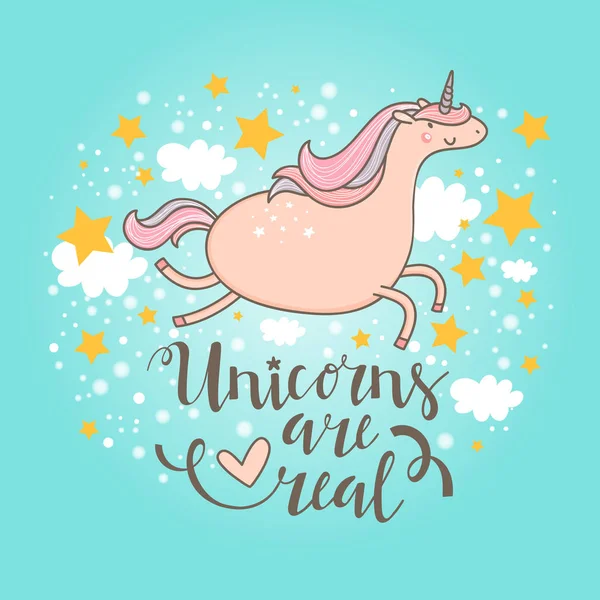 Lucu Tangan Ditarik Unicorn Dengan Sayap Kecil Antara Bintang Bintang - Stok Vektor