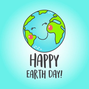 Toprak gülen sevimli çizgi ile mutlu dünya tebrik kartı. Vektör çizim.
