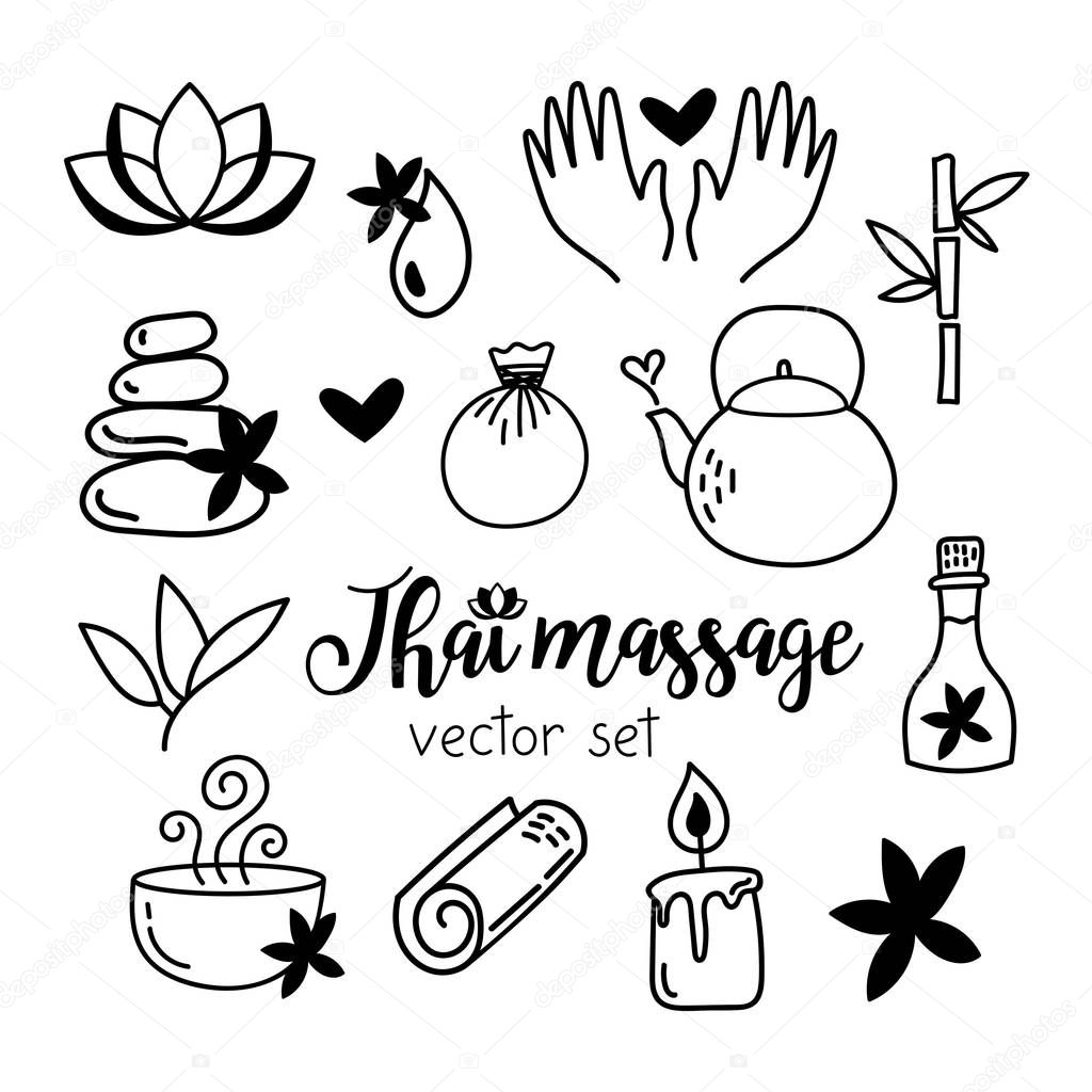 Thai massage vector set with cute icons of different spa accessories.