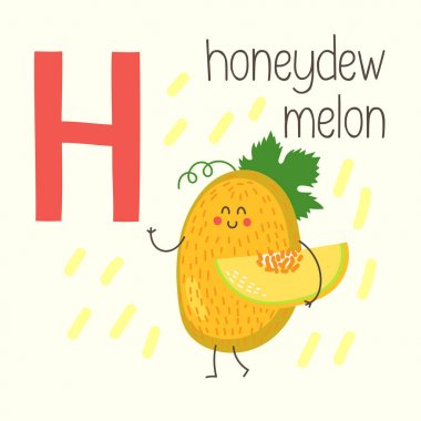Sevimli çizgi honeydew kavun H harfiyle. Alfabe vektör çizim.