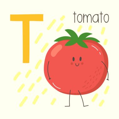 T harfiyle sevimli çizgi domates. Alfabe vektör çizim.