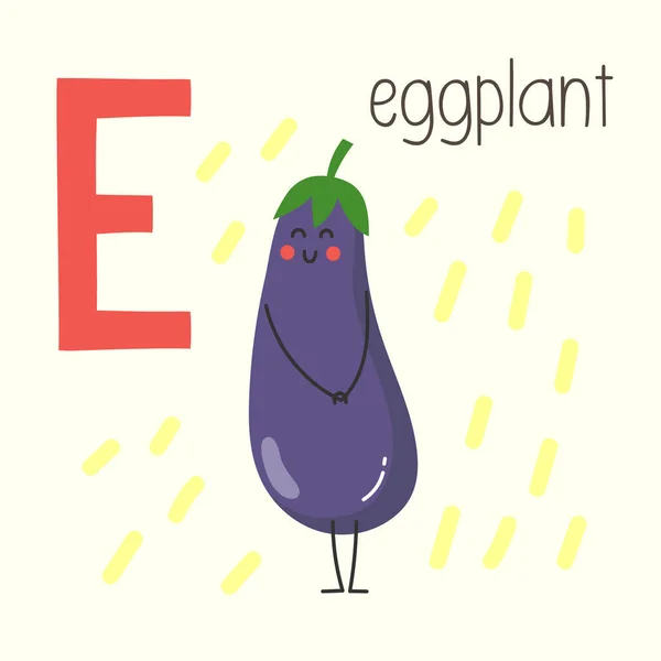 Lettre Avec Aubergine Dessin Animé Mignon Illustration Vectorielle Alphabet — Image vectorielle