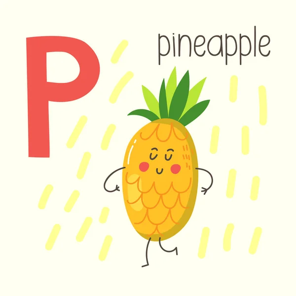 かわいい漫画パイナップルと の文字 アルファベットのベクトル イラスト — ストックベクタ
