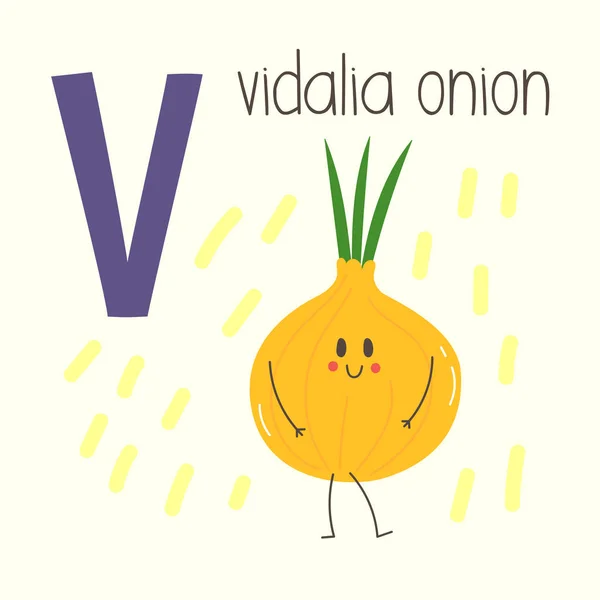 Lettre Avec Dessin Animé Mignon Vidalia Oignon Illustration Vectorielle Alphabet — Image vectorielle