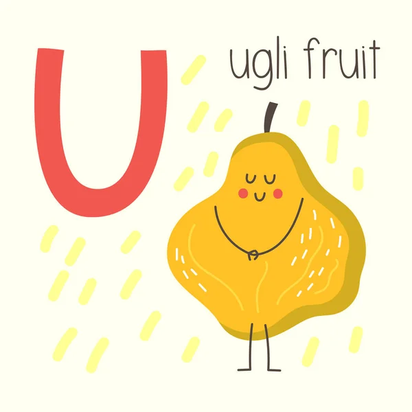 Lettre Avec Mignon Dessin Animé Ugli Fruit Illustration Vectorielle Alphabet — Image vectorielle