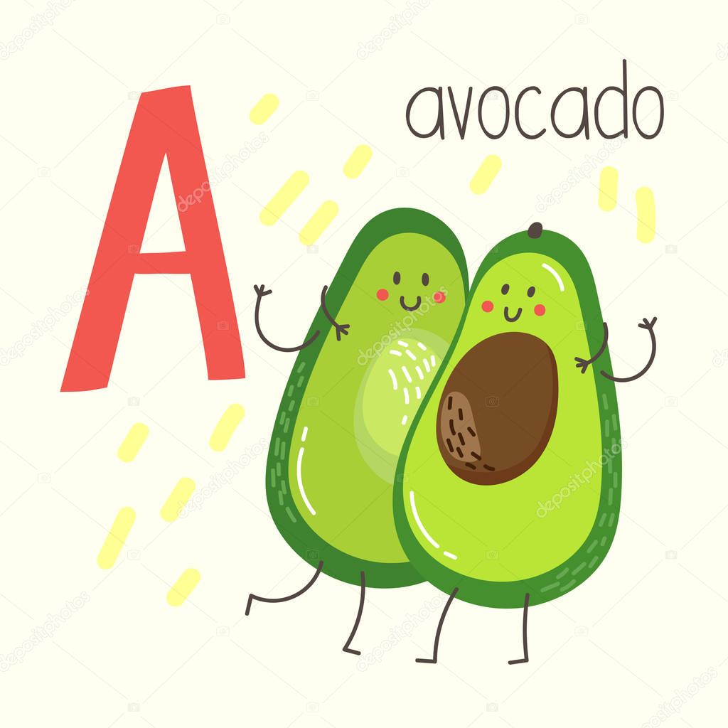 Letter A with cute cartoon avocado. Vector illustration of alphabet.