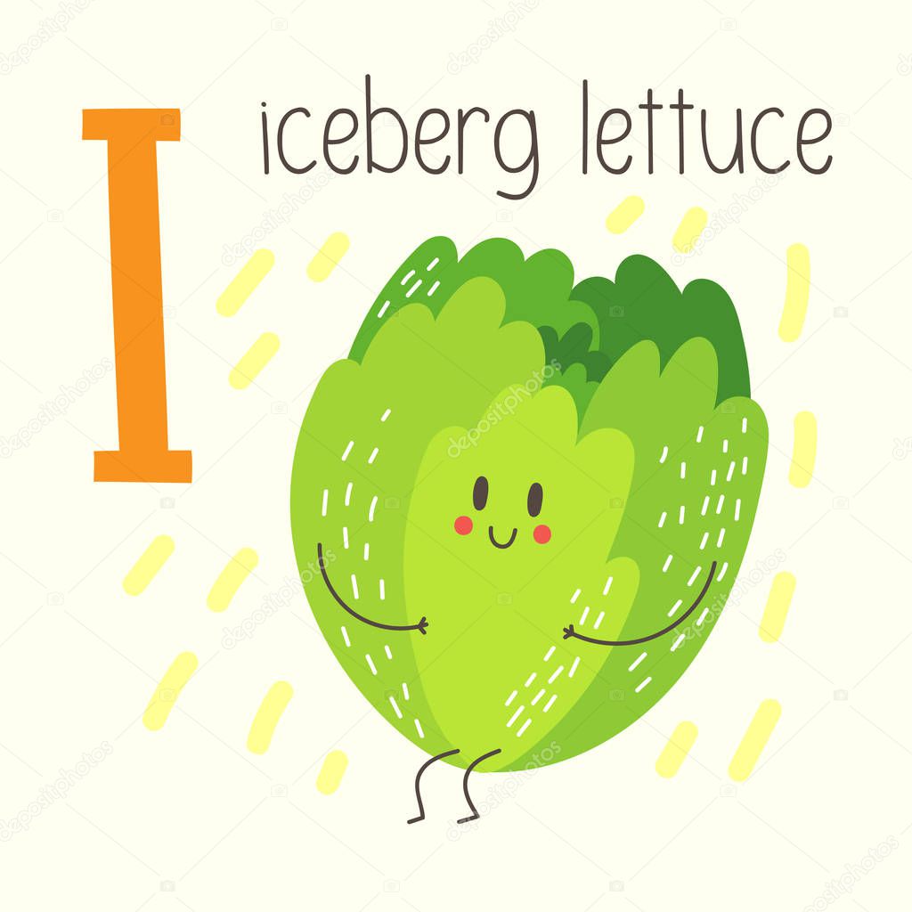 Letter I with cute cartoon iceberg lettuce. Vector illustration of alphabet.