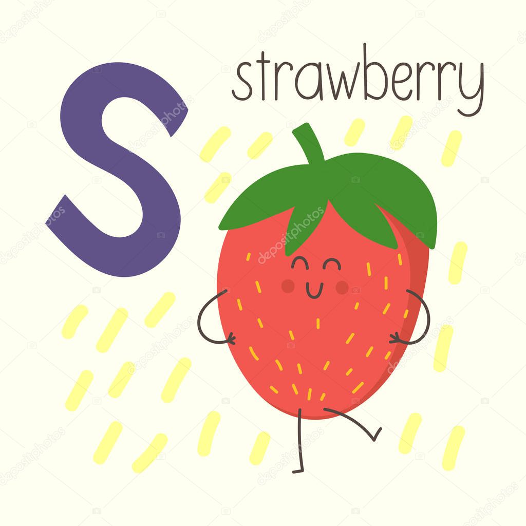 Letter S with cute cartoon strawberry. Vector illustration of alphabet.