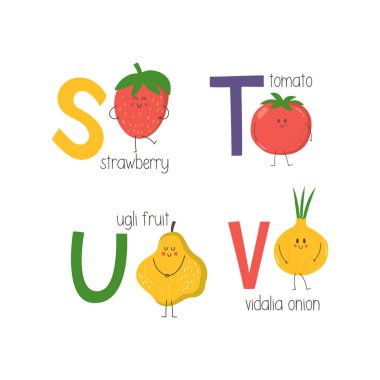 Harf S, T, U, V ile şirin çilek, domates, ugli meyve ve vidalia soğan karikatür. Vektör alfabesi.
