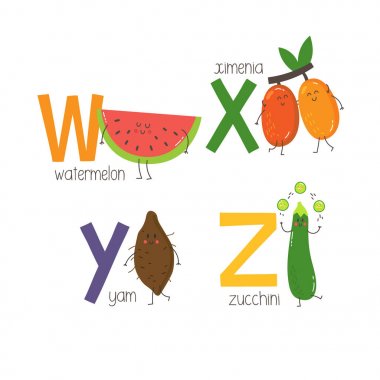 W, X, Y, Z sevimli çizgi karpuz, ximenia, yam ve kabak ile harfler. Vektör alfabesi.
