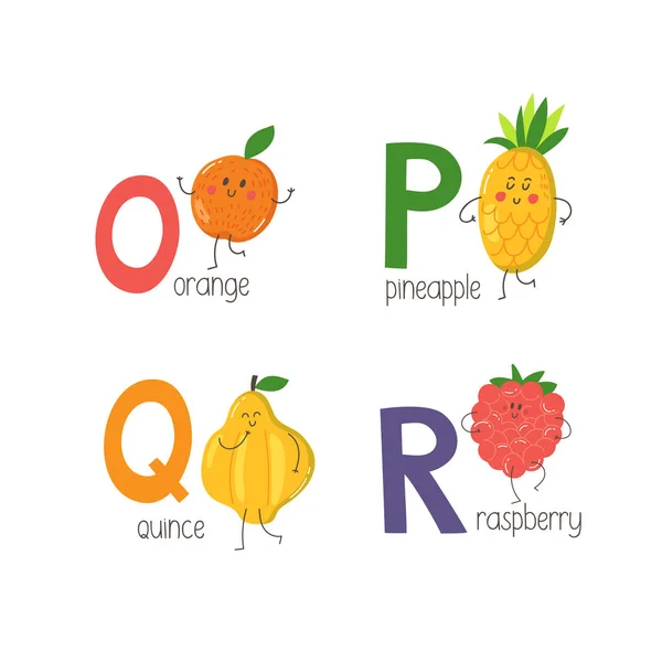 Lettres Avec Mignon Dessin Animé Orange Ananas Coing Framboise Alphabet — Image vectorielle