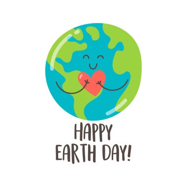 Dünya gezegen ve mutlu Dünya Günü metin, vektör şirin elle çizilmiş çizimi