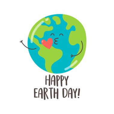 Dünya gezegen ve mutlu Dünya Günü metin, vektör şirin elle çizilmiş çizimi
