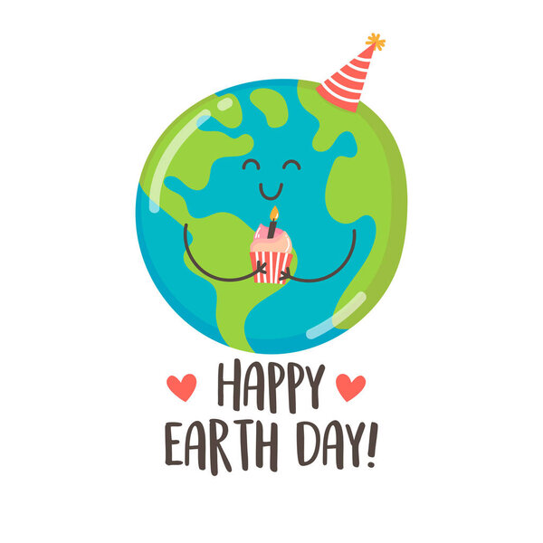 милый ручной рисунок планеты Земля и счастливого дня Земли текст, вектор
