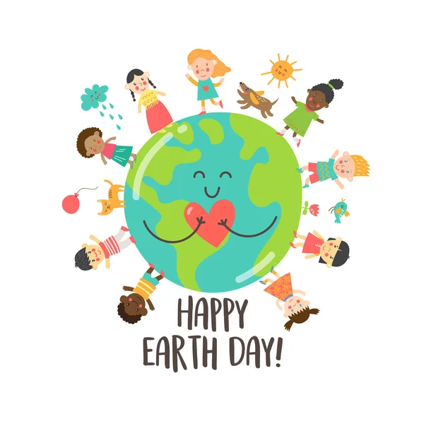 Ручной Рисунок Планеты Земля Милые Дети Текст Счастливого Дня Земли — стоковый вектор