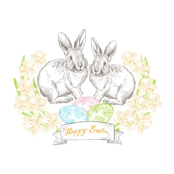 Cute Happy Easter Greeting Card Two Rabbits Eggs Flowers Vector Royalty Free Stock Illustrations