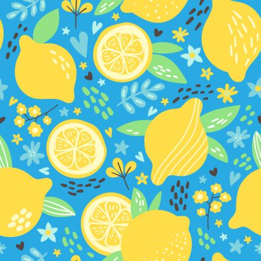 Dilimlenmiş taze meyve limonuyla mükemmel bir yaz şablonu. Vektör illüstrasyonu.