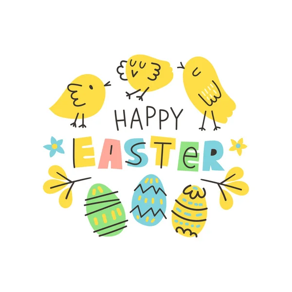 Veselé Velikonoce Přání Roztomilými Kreslené Zajíčky Kuřata Vejce Květiny — Stockový vektor
