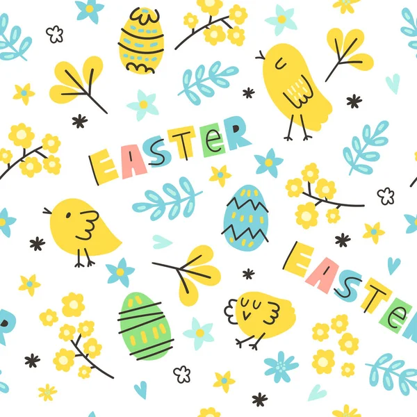 Wielkanoc Koncepcja Wektor Bezszwowy Wzór Cute Piskląt Kreskówki Jaj Kwiatów — Wektor stockowy