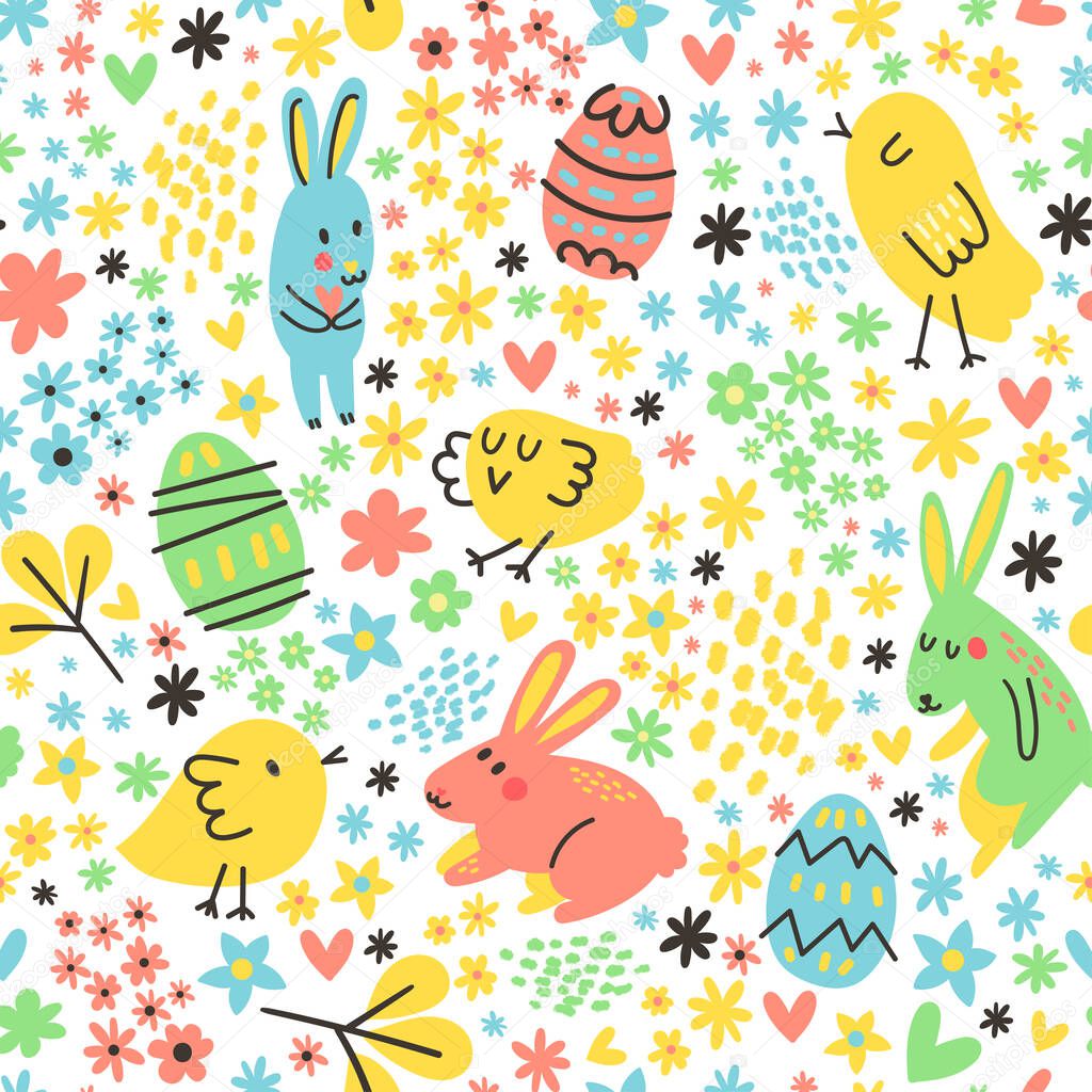 Easter concept vector seamless pattern with cute cartoon bunnies, chicks, eggs and flowers.