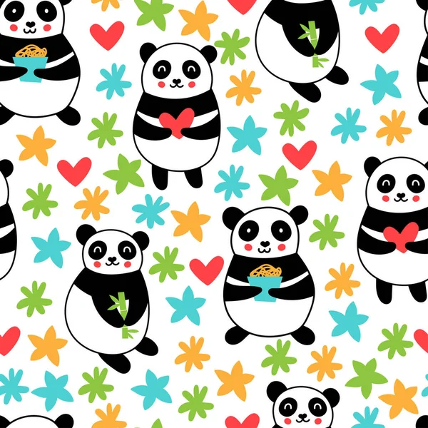 Patrón Vector Sin Costuras Con Lindos Pandas Dibujos Animados — Vector de stock