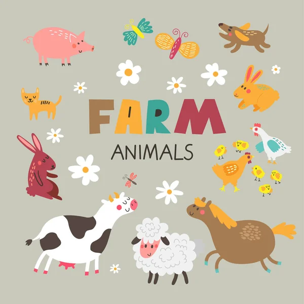 Animales Granja Vector Conjunto Con Animales Dibujos Animados Lindo Conejo — Vector de stock