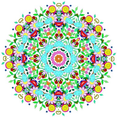 Süs yuvarlak organik desen, beyaz arka plan üzerinde birçok ayrıntı ile daire renkli mandala, duvar kağıdı için kullanılabilir, desen dolgular, arka plan, yuvarlak süs doğal doily desen, mandala