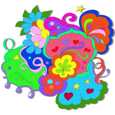 Çiçekli yaz karalamaları ve beyaz bir arka planda girdap. Çizim için Doodle ögelerini ayır.