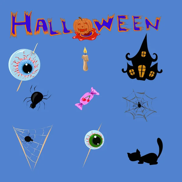 Kolekce Halloween Siluety Ikony Znak Modrém Pozadí — Stock fotografie