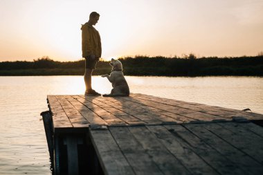 Labrador köpek suya yakın rıhtımda olan adam. Gün batımında.