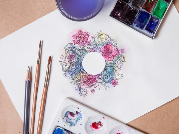 Sheet Watercolor Painting Table Abstract Floral White Circle Center — Stock Photo, Image